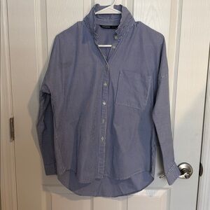 Zara women’s preppy Casual Blue and White stripped Button-Down Shirt floral back